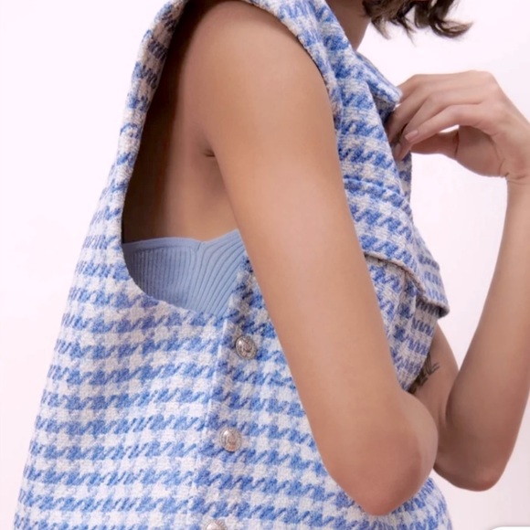 Zara Jackets & Blazers - Zara Blue White Tweed Textured Houndstooth Cropped Vest Jacket M